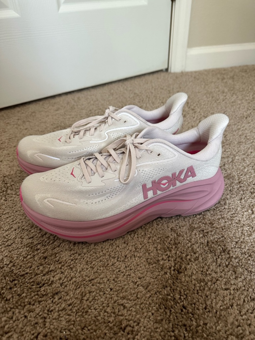 Hoka Women's White and Pink Thick-Platform Running Shoes